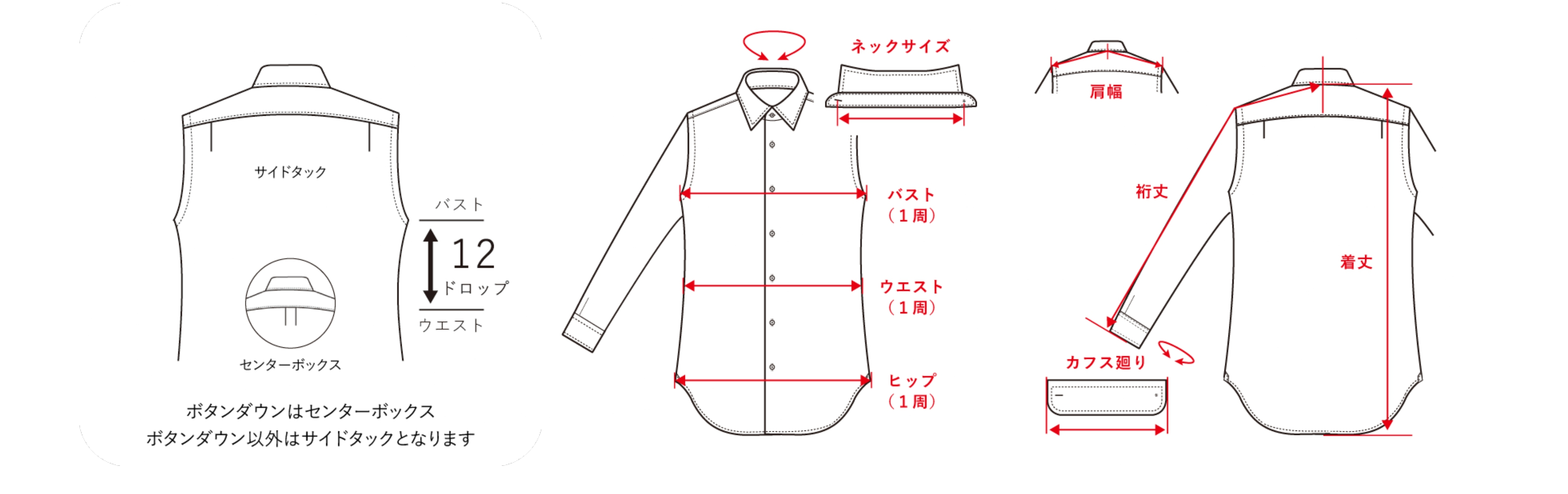 シャツの測定箇所を示す図。肩幅、バスト、ウエスト、ヒップ、着丈、ネックサイズ、袖丈、カフス周りの測定方法が詳細に説明されています。ボタンダウンシャツはセンターボックス、それ以外はサイドタック仕様です。